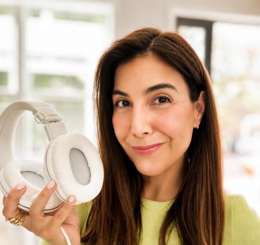 Camille smiling while holding white headphones